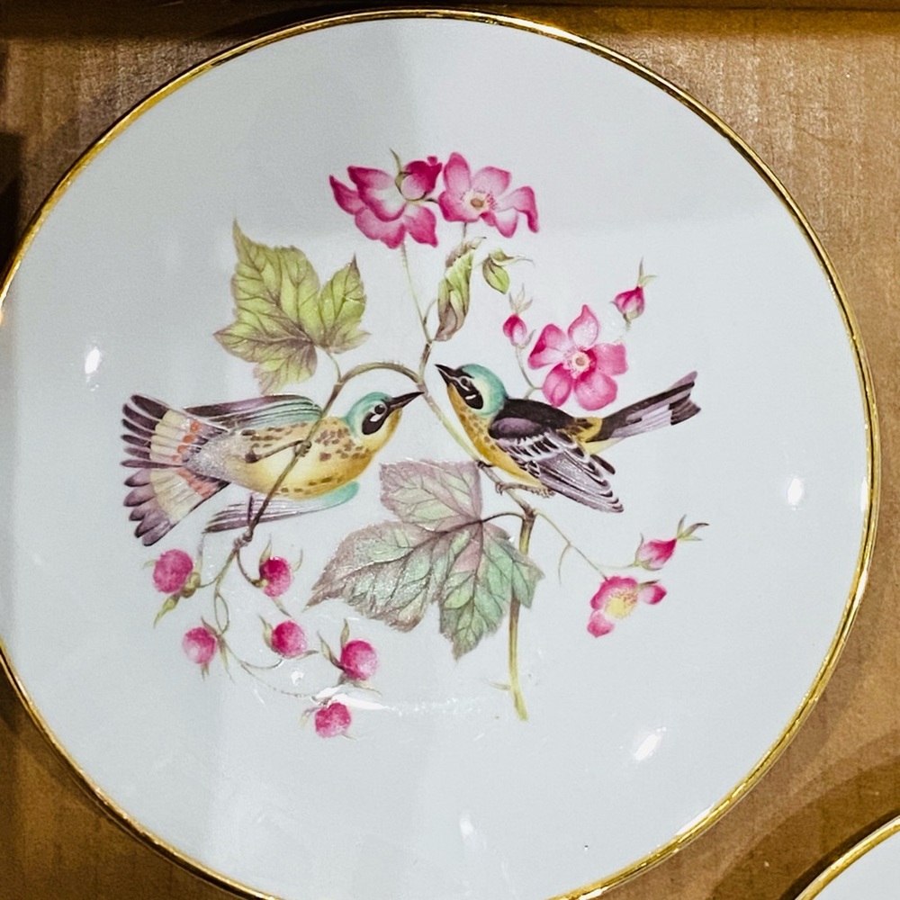 Set of 3 Hand painted Birds Floral Gold Trim Porcelain Plates Bavaria Germany